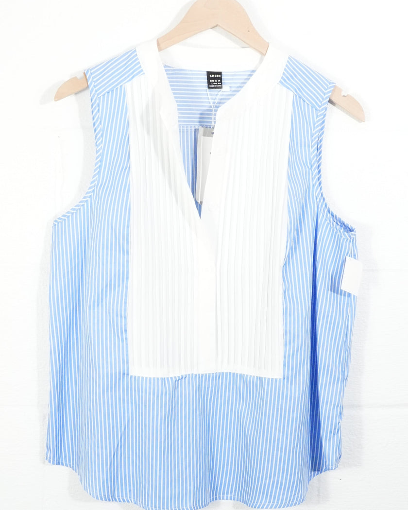 SHEIN Sleeveless Blouse Women Large Blue White Striped Pleated Tuxedo Bib Top