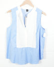 SHEIN Sleeveless Blouse Women Large Blue White Striped Pleated Tuxedo Bib Top