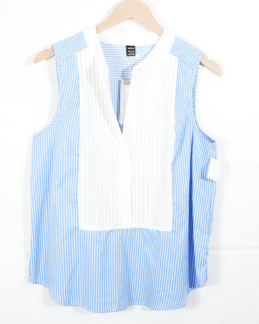 SHEIN Sleeveless Blouse Women Large Blue White Striped Pleated Tuxedo Bib Top