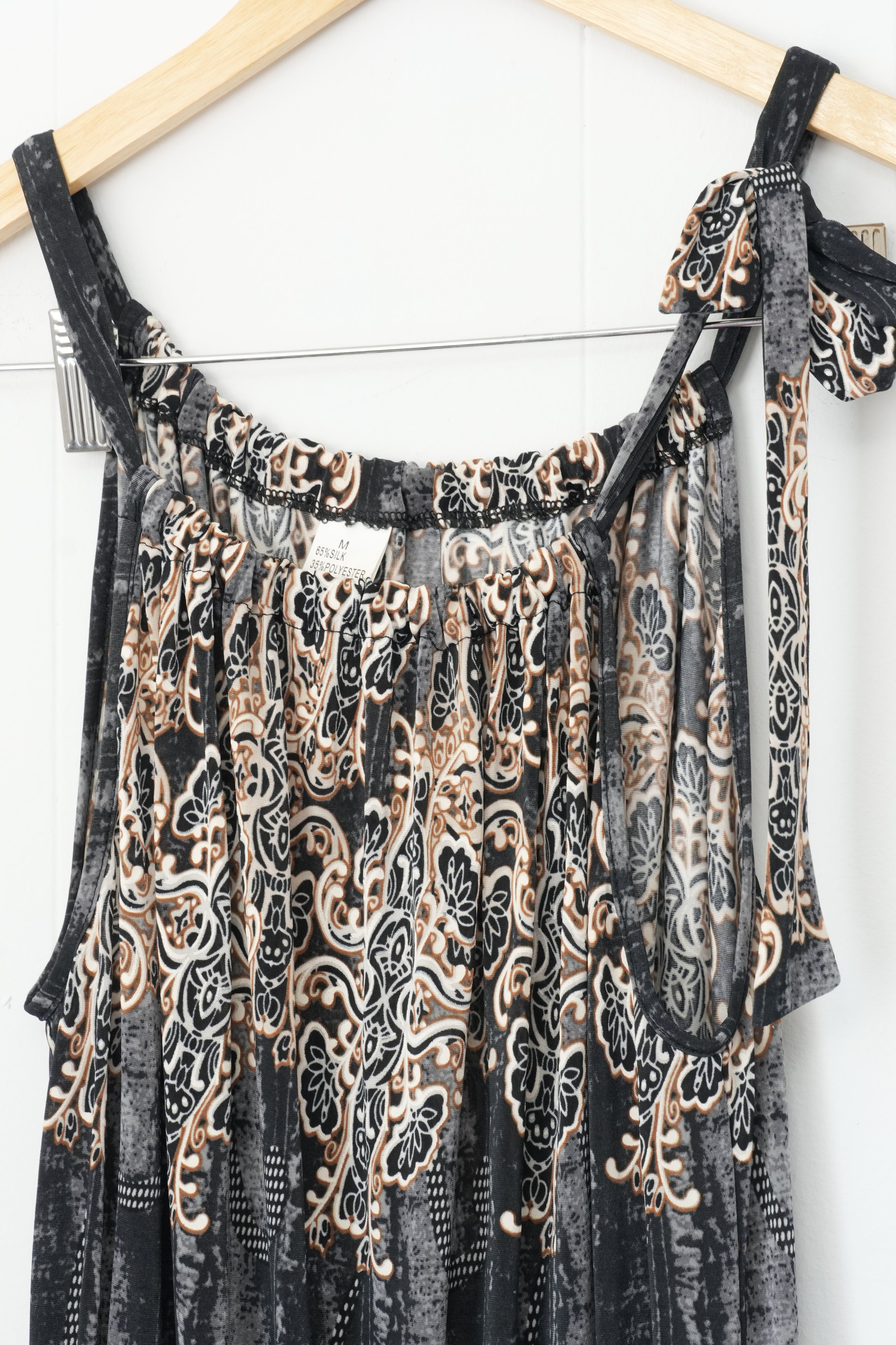Romper Pants Jumper Women Medium Black Silk Blend Paisley Print Pocket
