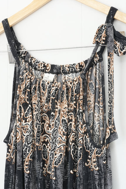 Romper Pants Jumper Women Medium Black Silk Blend Paisley Print Pocket