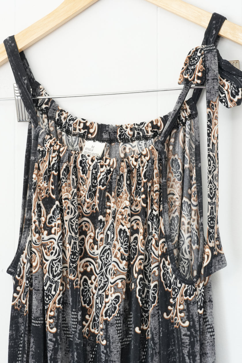 Romper Pants Jumper Women Medium Black Silk Blend Paisley Print Pocket