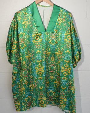 Floral Satin V-Neck Blouse Women Large Green Puff Sleeve Boho Top