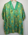 Floral Satin V-Neck Blouse Women Large Green Puff Sleeve Boho Top