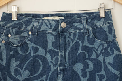 Cato Est. 1946 Denim Midi Skirt Women Size 2 Blue Heart Swirl Print Pencil Skirt