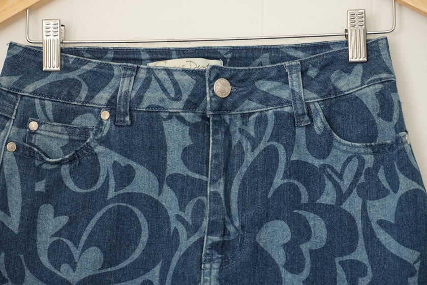 Cato Est. 1946 Denim Midi Skirt Women Size 2 Blue Heart Swirl Print Pencil Skirt