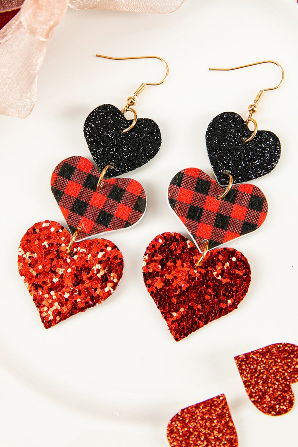 The Press Red Valentine Heart Shape Plaid Sequin Dangle Earrings (in-store)