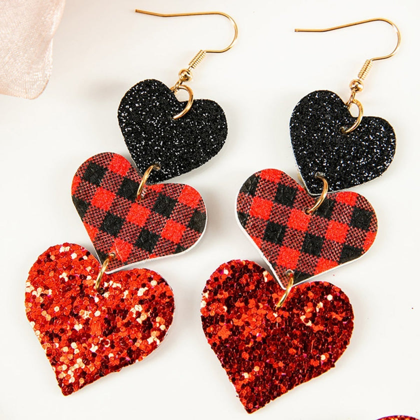The Press Red Valentine Heart Shape Plaid Sequin Dangle Earrings (in-store)