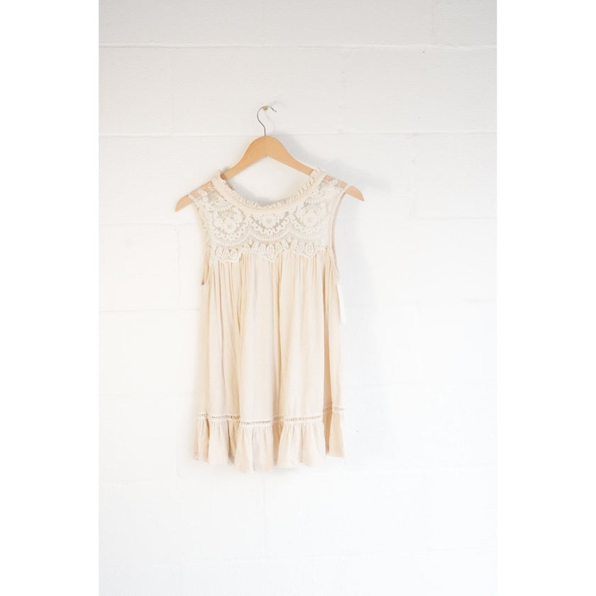 Anthropologie Lace Ruffle Hem Tank Top Women Medium Cream Boho Sleeveless