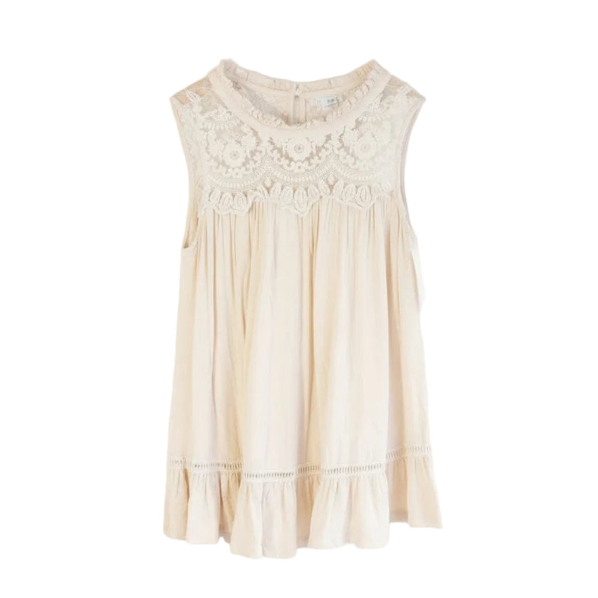 Anthropologie Lace Ruffle Hem Tank Top Women Medium Cream Boho Sleeveless