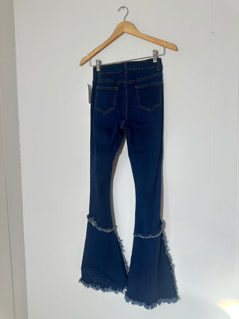 H & Y Fashion high-waisted dark wash ripped flare jeans size S