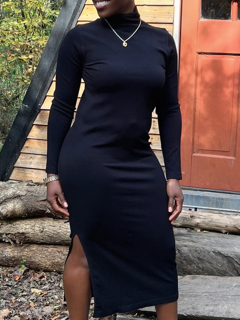 ELIETIAN Ribbed Turtleneck Midi Dress
