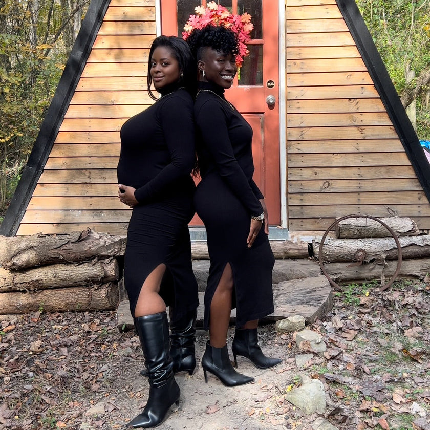 ELIETIAN Ribbed Turtleneck Midi Dress