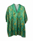 Floral Satin V-Neck Blouse Women Large Green Puff Sleeve Boho Top