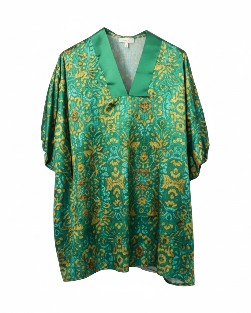 Floral Satin V-Neck Blouse Women Large Green Puff Sleeve Boho Top