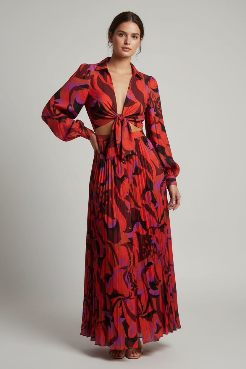 Red Geometric Maxi Dress - No Pockets