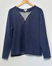 Monroe & Main Top Women 1X Blue Grommet V-Neck Long Sleeve Denim Look Pullover