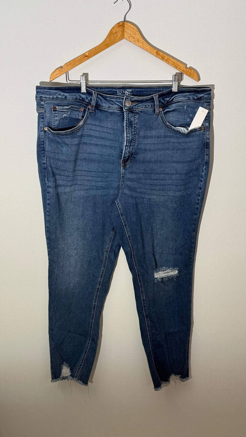 Terra & Sky Blue Distressed Skinny Denim Jeans with Raw Hem, Size 20W