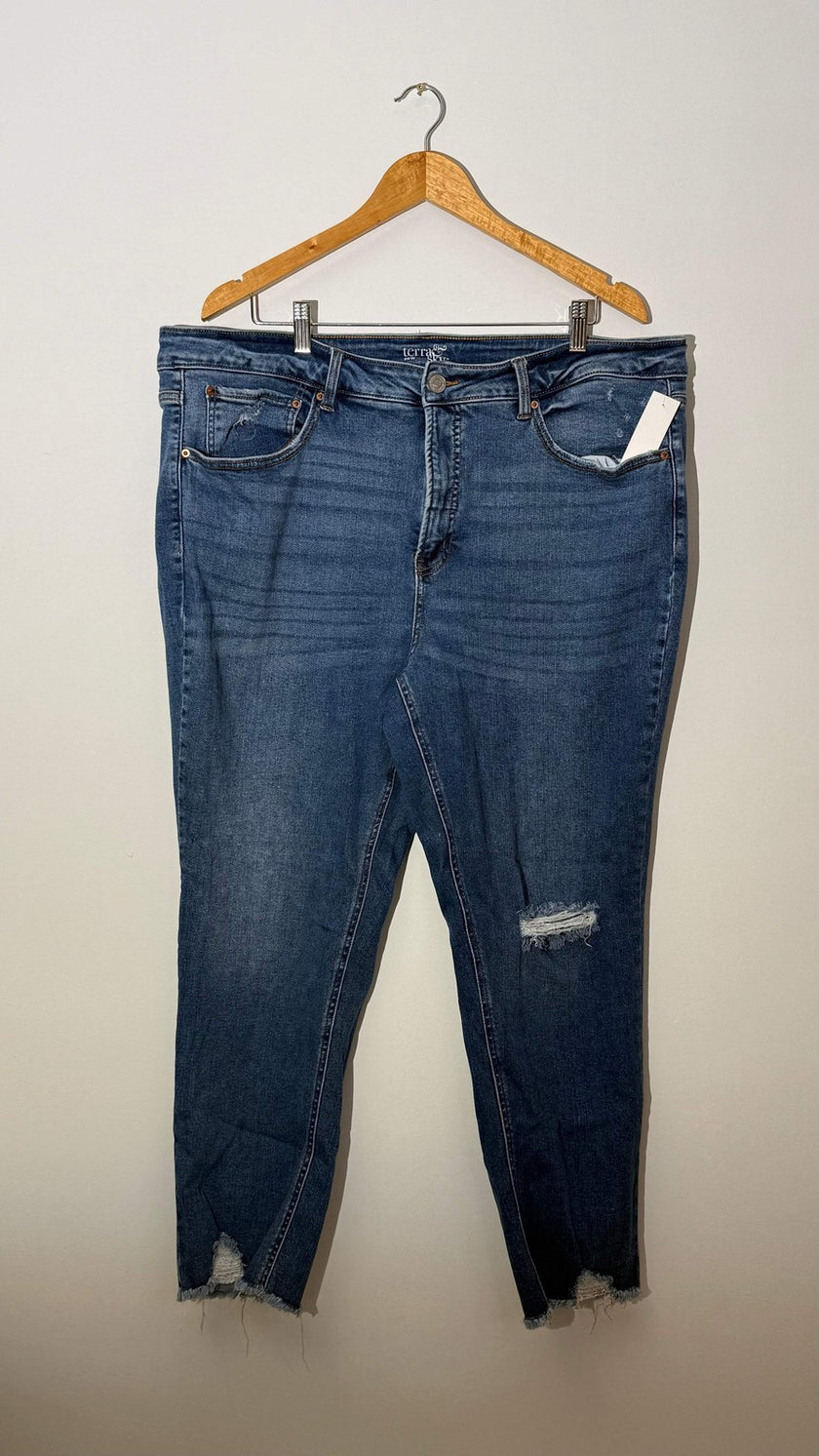 Terra & Sky Blue Distressed Skinny Denim Jeans with Raw Hem, Size 20W