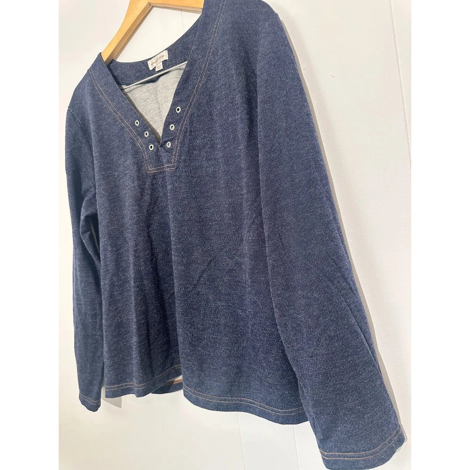 Monroe & Main Top Women 1X Blue Grommet V-Neck Long Sleeve Denim Look Pullover