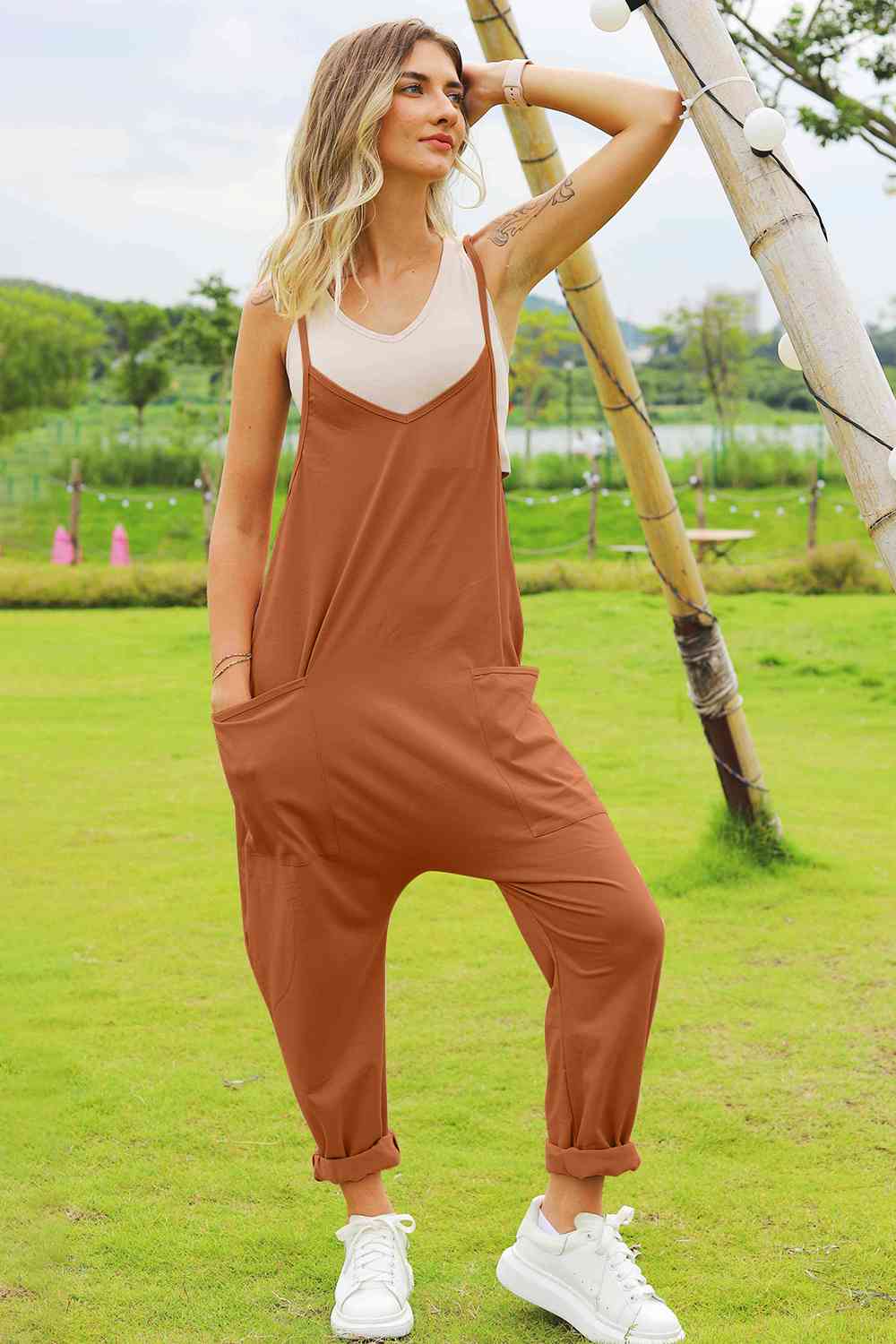 V-Neck Pocketed Jumpsuit