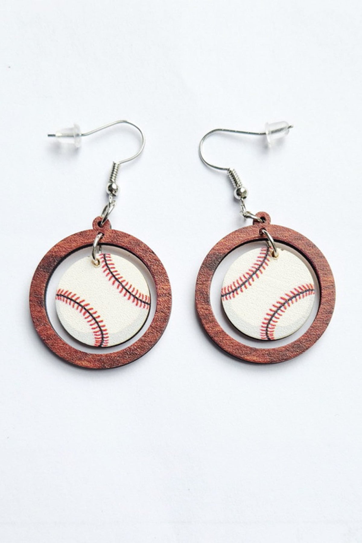 Baseball Pattern Wood Round Drop Earrings