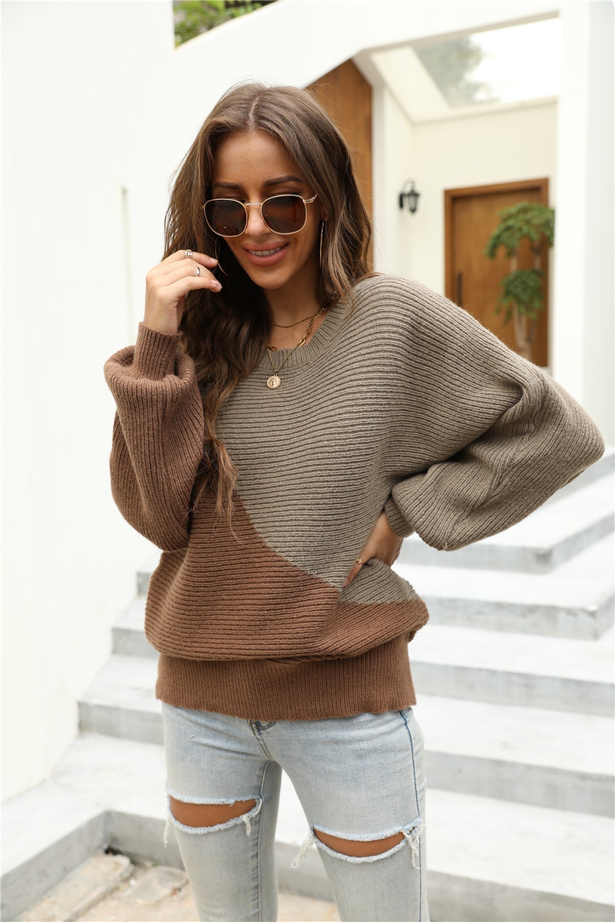 Knitted Batwing Long Sleeve Colorblock Sweaters