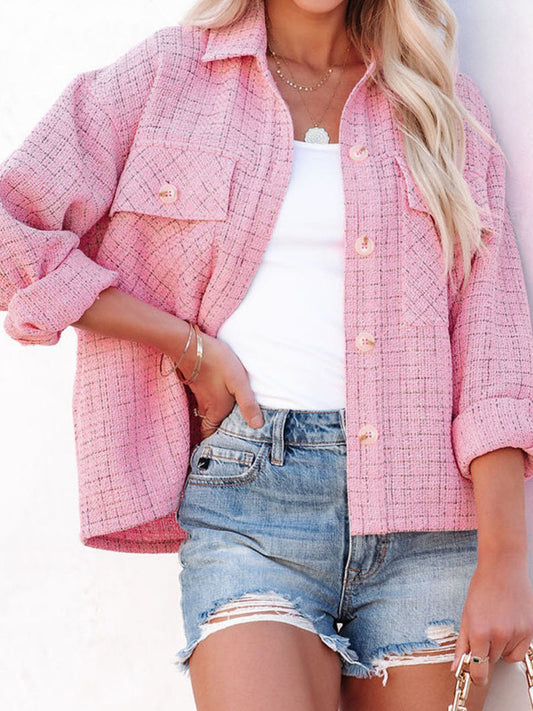 Pink Plaid Tweed Button Up Shacket