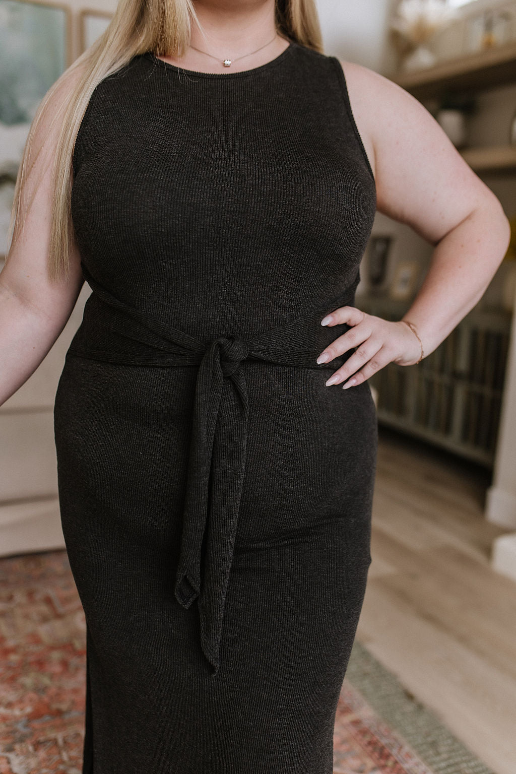 Out on the Town Tie Detail Midi Dress in Charcoal