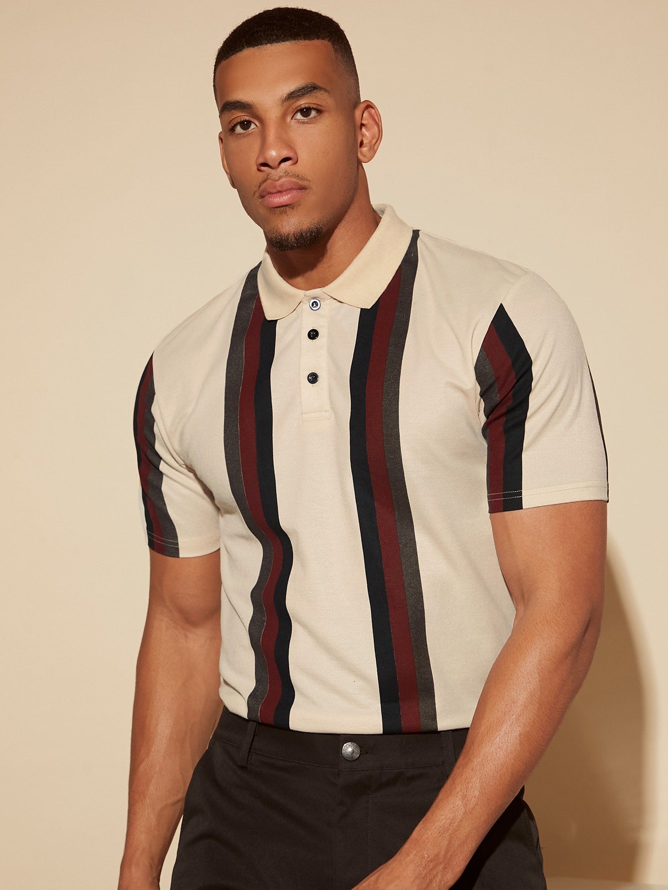 Vertical Stripe Short Sleeve Polo Shirt