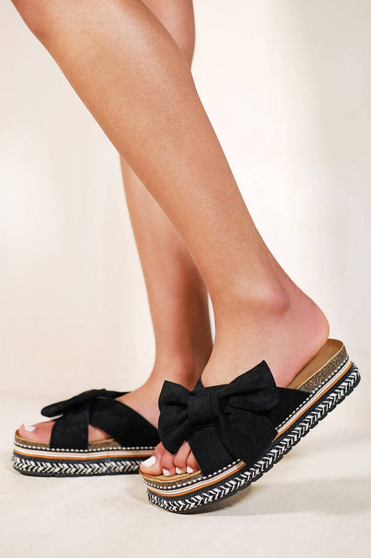 MADILYNN ESPADRILLE SLIDERS WITH CROSS STRAP & BOW IN BLACK (In-Store)