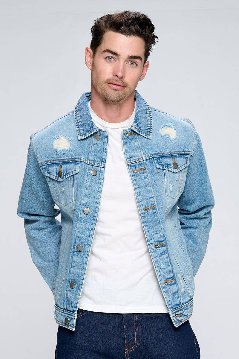 Men's Denim LIGHT WASHED Jacket with Distressing