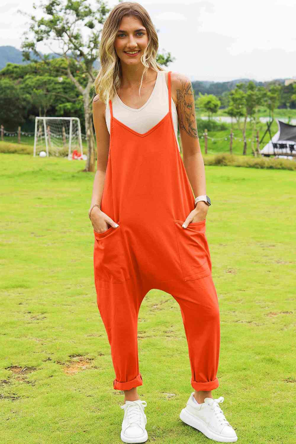 V-Neck Pocketed Jumpsuit