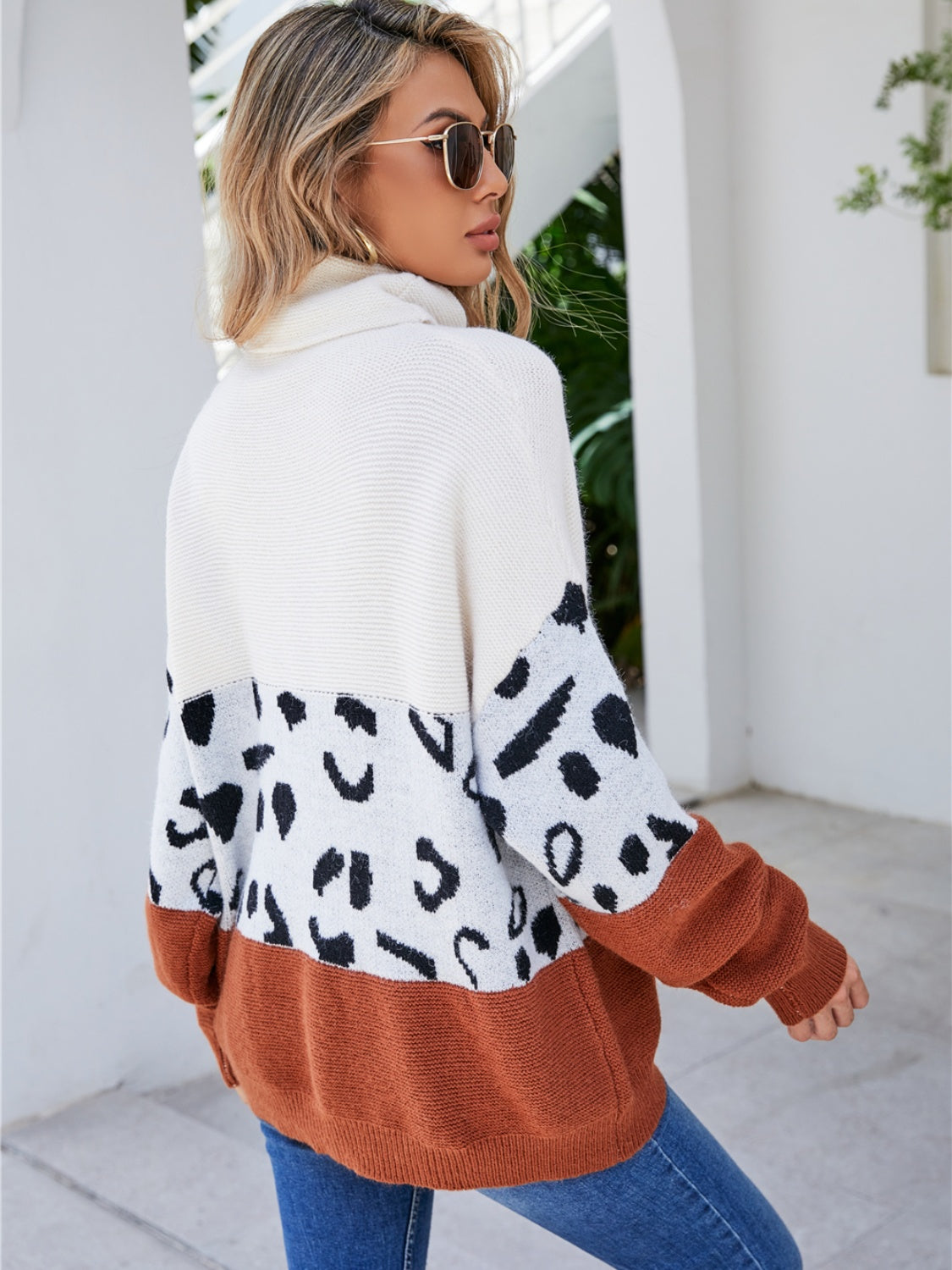 Leopard Color Block Turtleneck Sweater