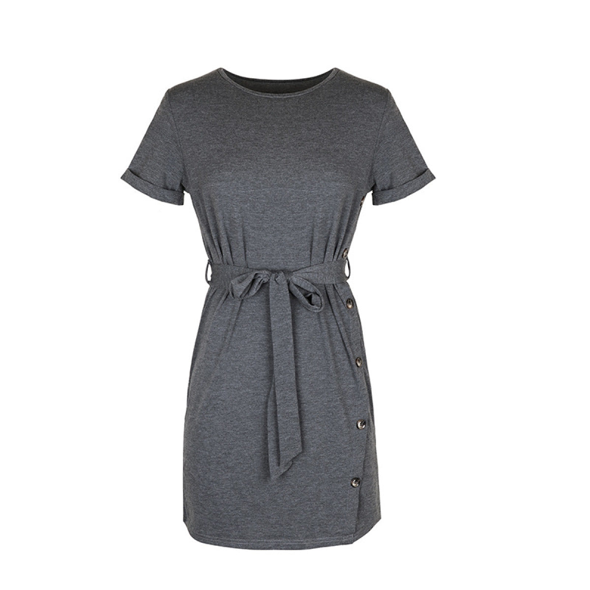 Solid Short Sleeve Buttoned T-Shirt Dress with Belt