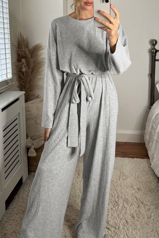 Gray Ribbed Knit Belted Wide Leg Jumpsuit