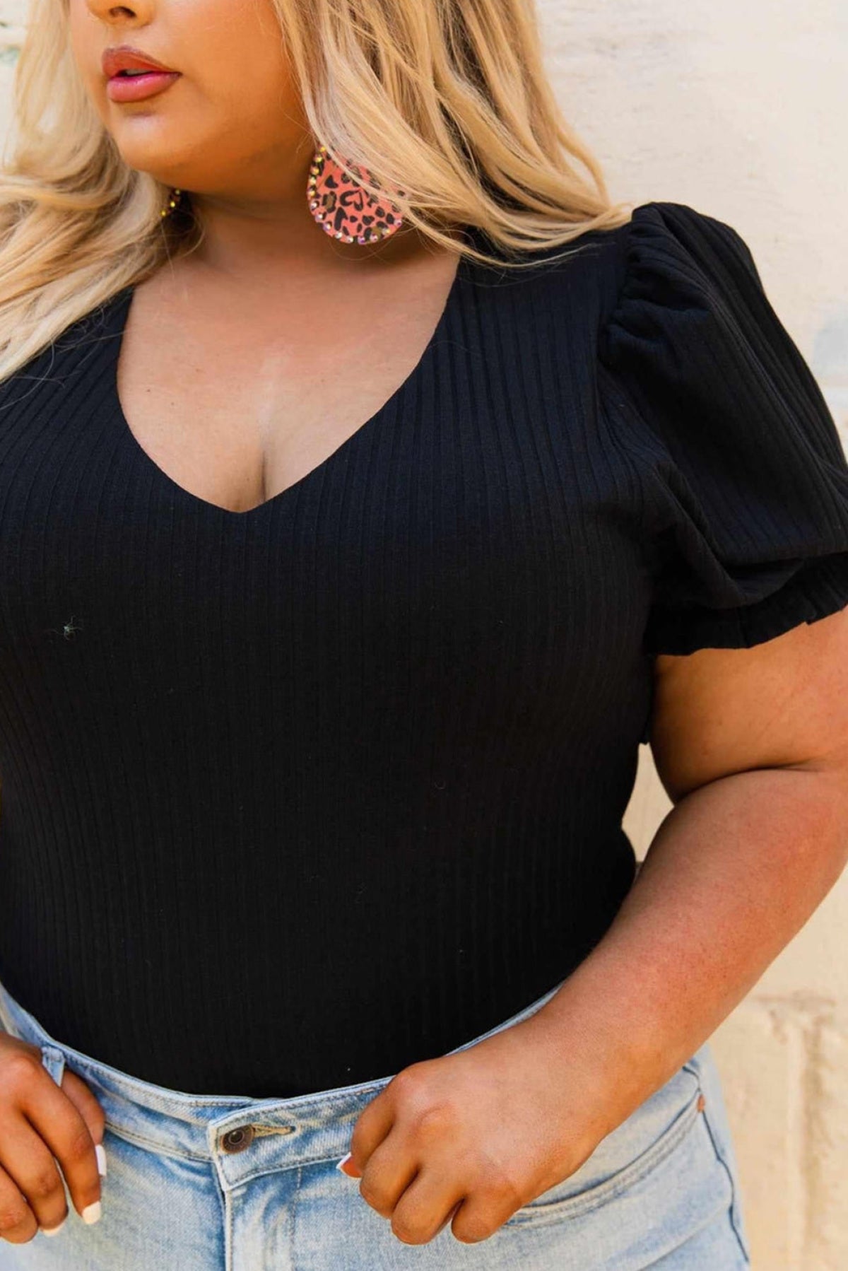 Plus Size Ribbed Knit Puff Sleeve Bodysuit
